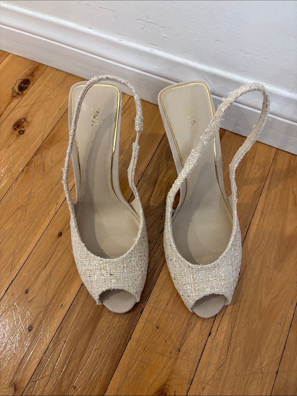 Zara Cream Tweed Peep-Toe Slingback Heels
